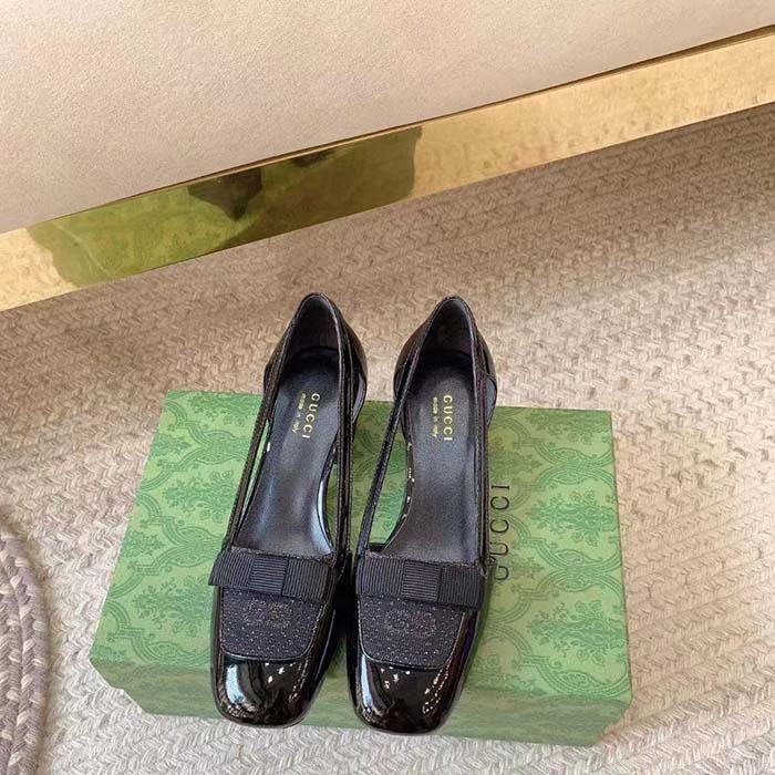G*u*i women pump gg canvas black patent leather bow leather sole cut-out block heel