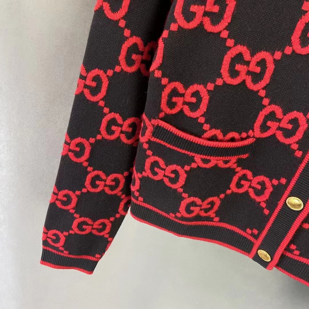 G*u*i women wool bouclé jacquard cardigan blue red gg crewneck long sleeves