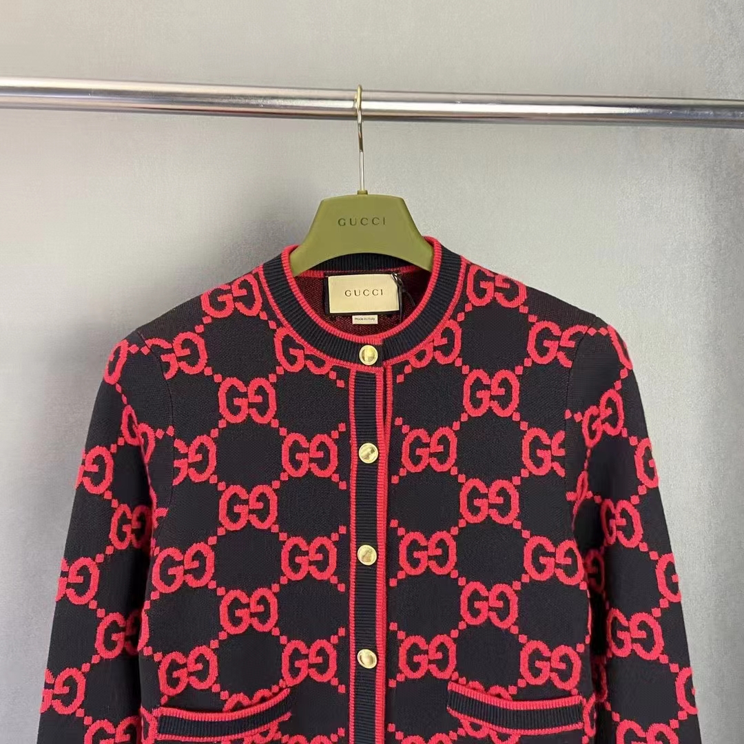 G*u*i women wool bouclé jacquard cardigan blue red gg crewneck long sleeves