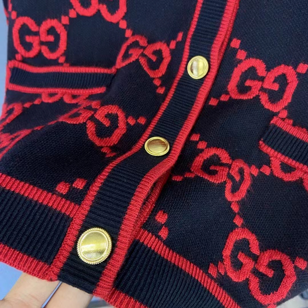G*u*i women wool bouclé jacquard cardigan blue red gg crewneck long sleeves