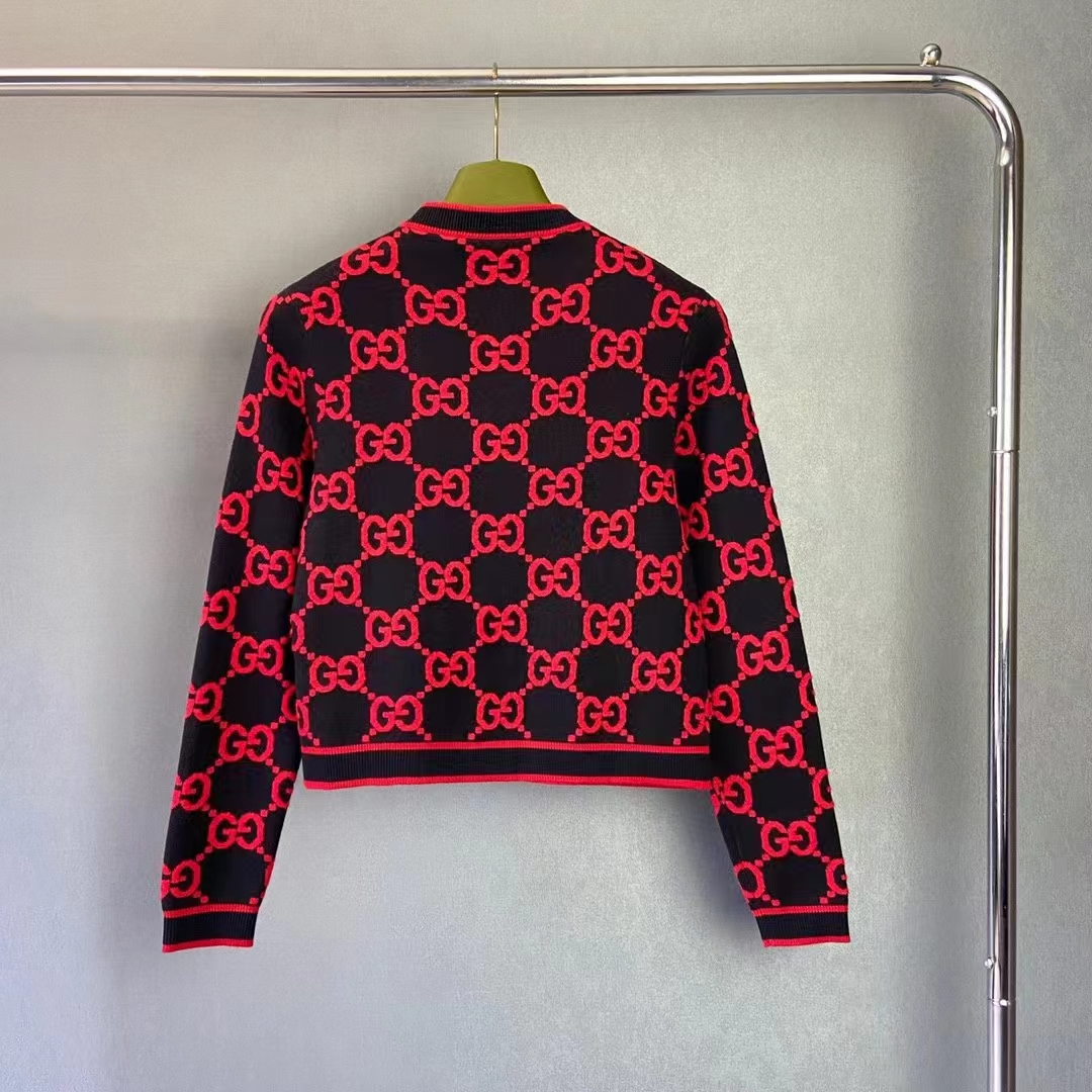 G*u*i women wool bouclé jacquard cardigan blue red gg crewneck long sleeves