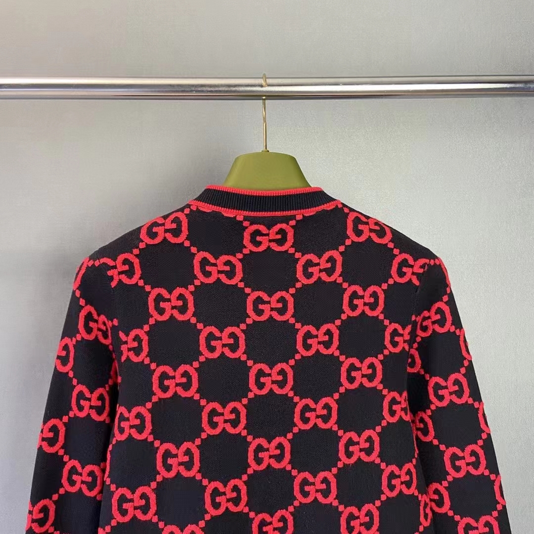 G*u*i women wool bouclé jacquard cardigan blue red gg crewneck long sleeves