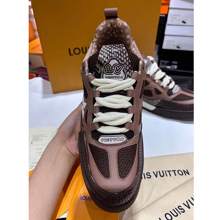 Louis Vuitton LV Unisex Skate Sneaker Brown Mesh Python-Like Embossed Leather Double Laces Rubber