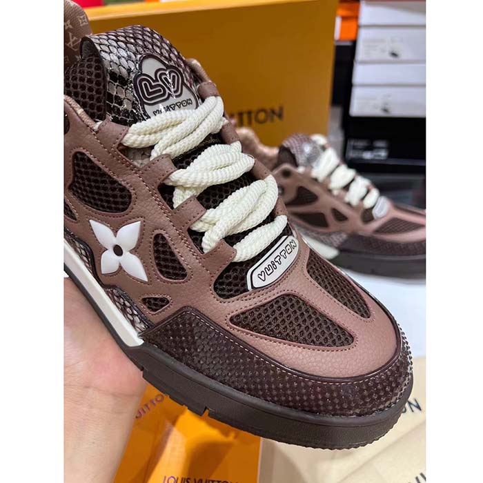 Louis Vuitton LV Unisex Skate Sneaker Brown Mesh Python-Like Embossed Leather Double Laces Rubber