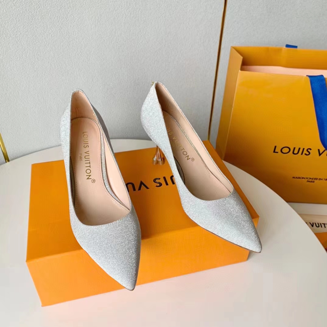 Louis Vuitton LV Women Blossom Pump Silver Textile Leather 9.5 CM Monogram Flower Heel