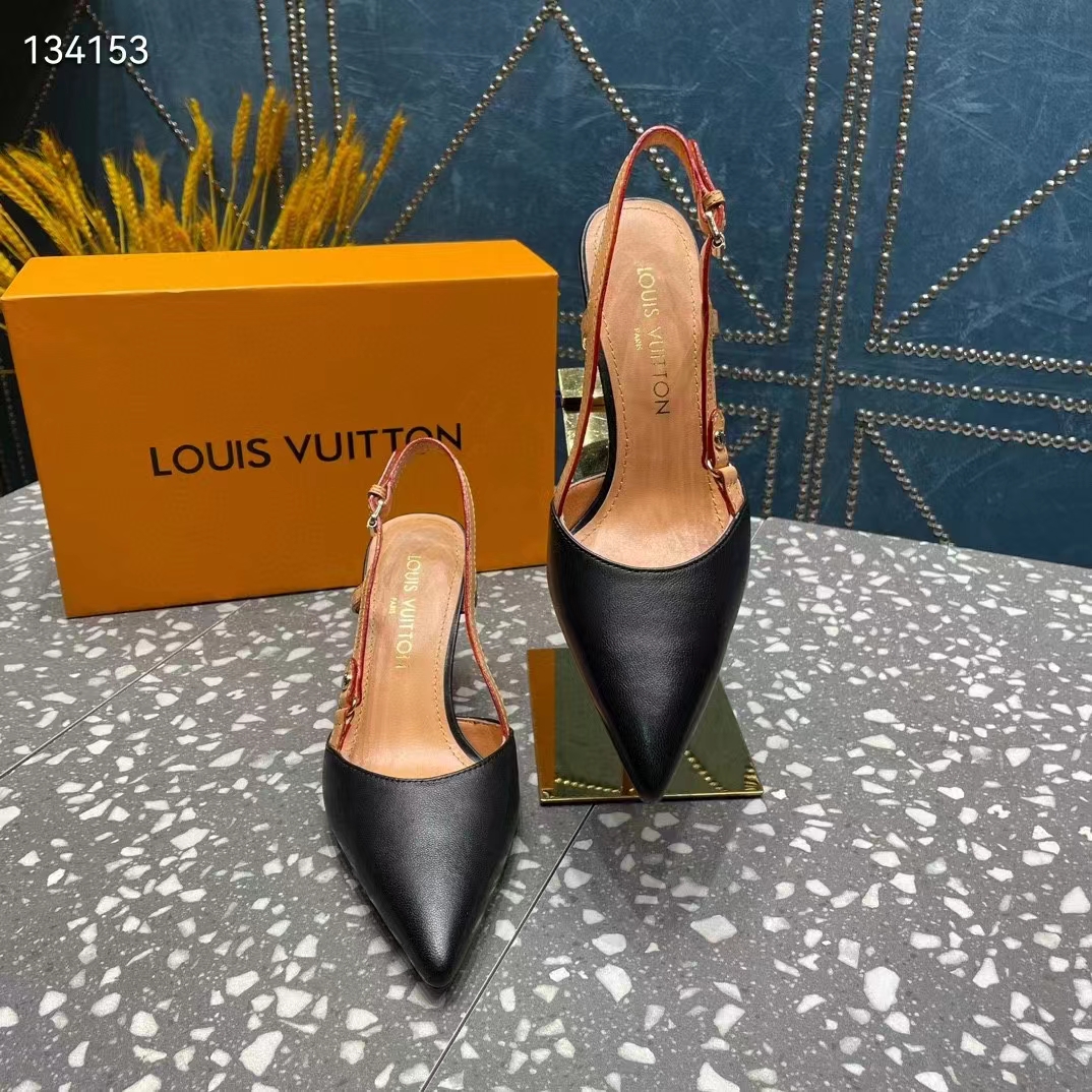 Louis Vuitton LV Women Blossom Slingback Pump Black Lambskin Strap Cowhide Leather