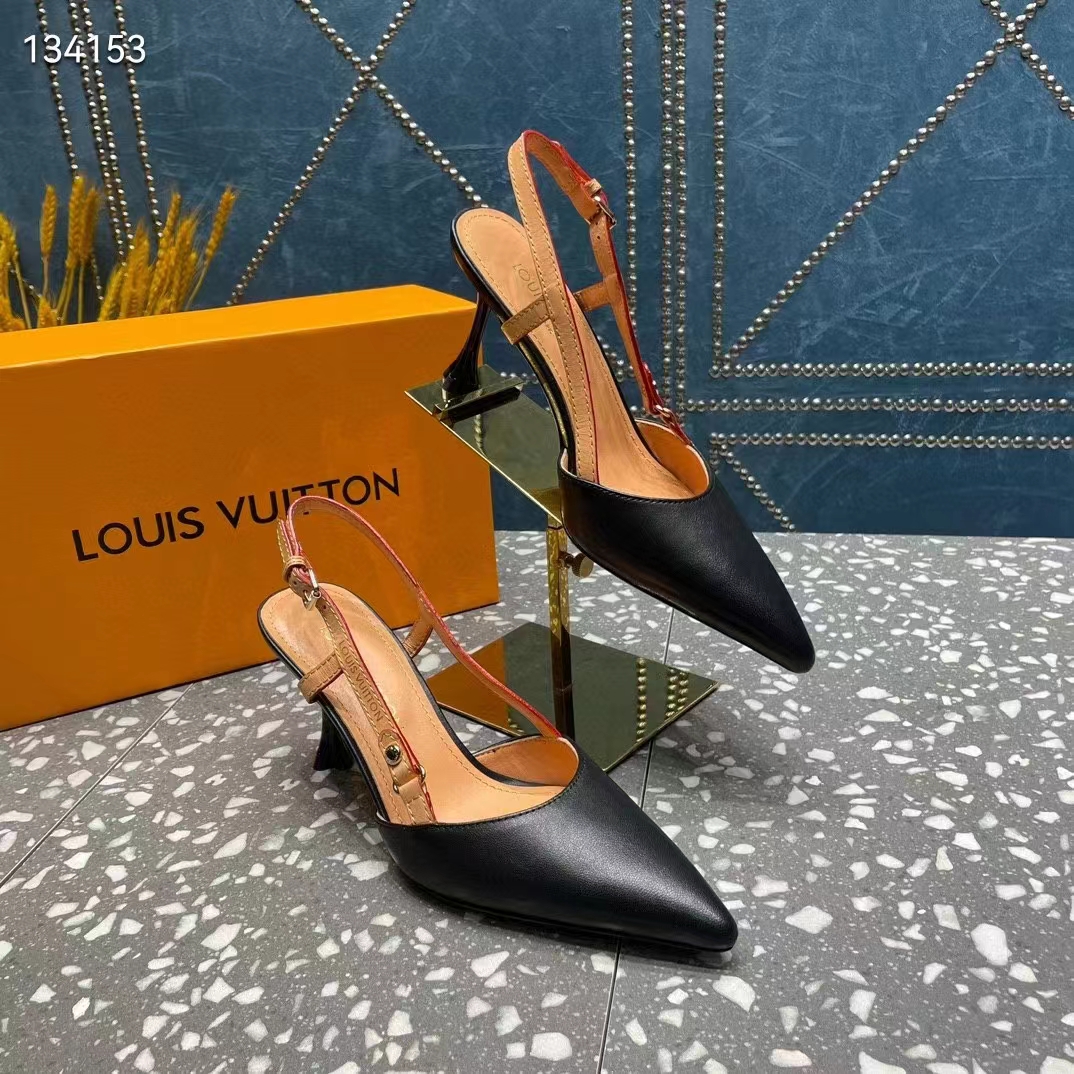 Louis Vuitton LV Women Blossom Slingback Pump Black Lambskin Strap Cowhide Leather