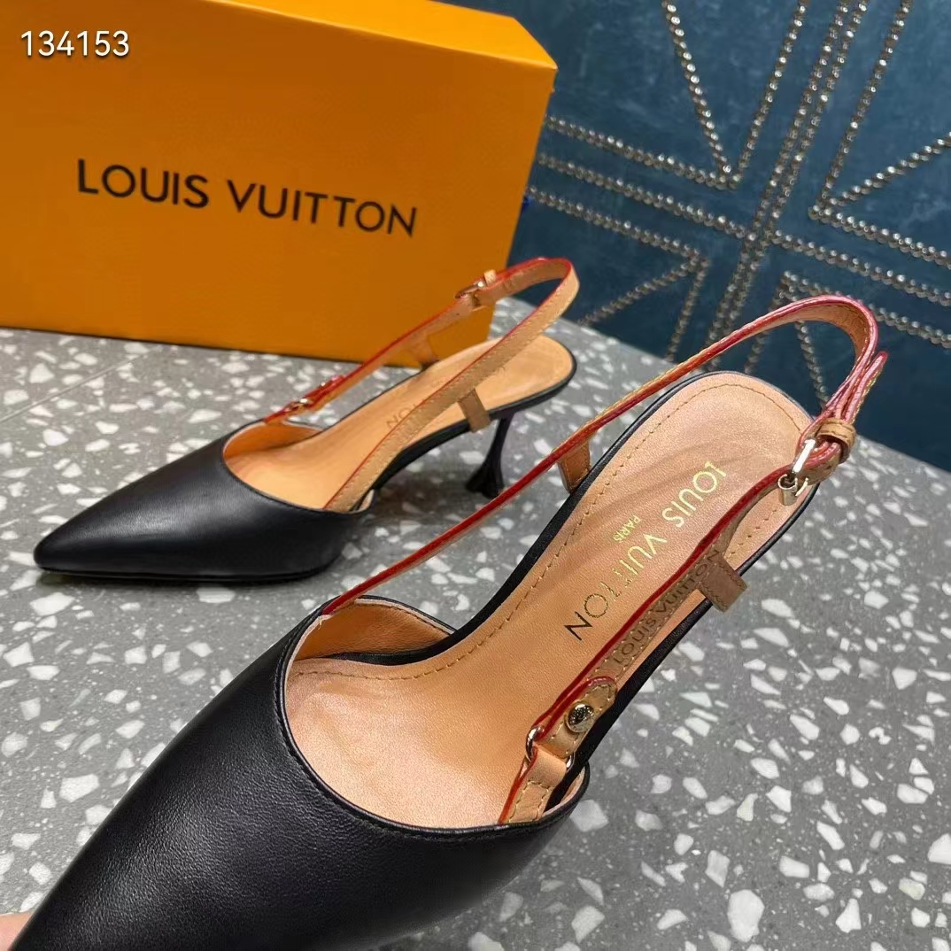 Louis Vuitton LV Women Blossom Slingback Pump Black Lambskin Strap Cowhide Leather
