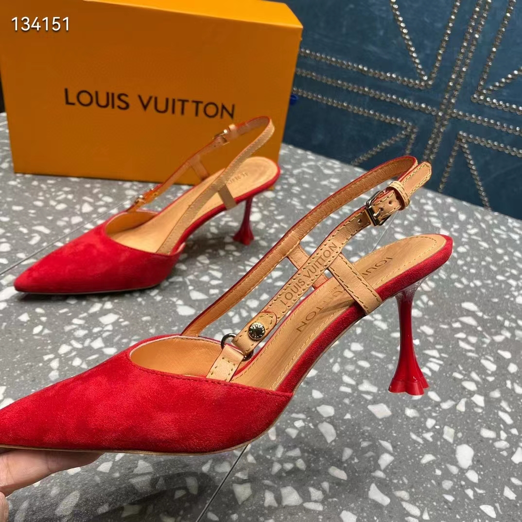 Louis Vuitton LV Women Blossom Slingback Pump Red Suede Baby Goat Leather Cowhide