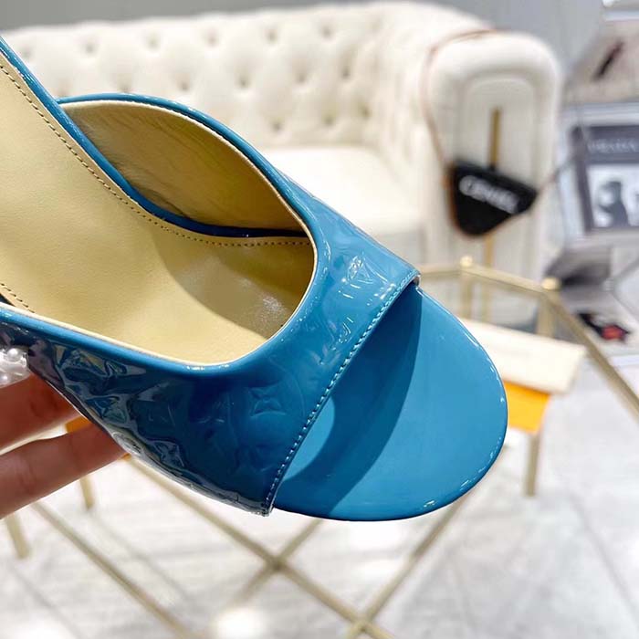 Louis Vuitton LV Women Super Mule Azure Blue Monogram-Debossed Patent Calf Leather 10 CM Heel