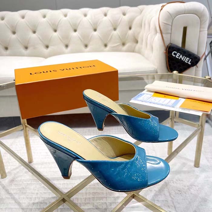 Louis Vuitton LV Women Super Mule Azure Blue Monogram-Debossed Patent Calf Leather 10 CM Heel
