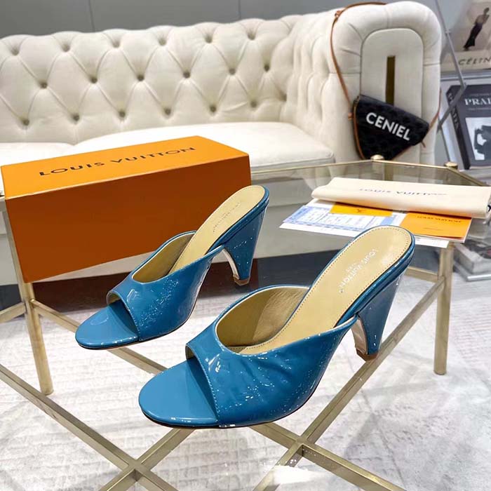 Louis Vuitton LV Women Super Mule Azure Blue Monogram-Debossed Patent Calf Leather 10 CM Heel