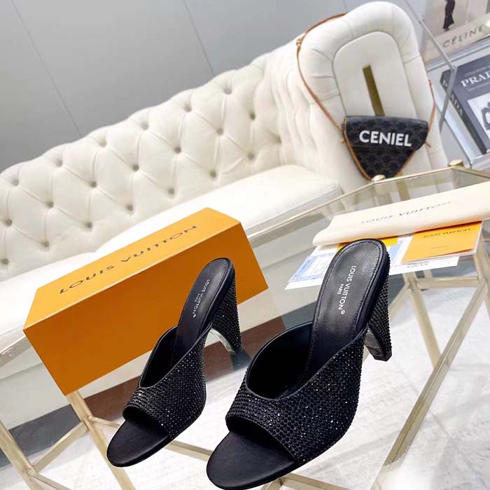 Louis Vuitton LV Women Super Mule Black Strass Leather Outsole 10 CM Heel