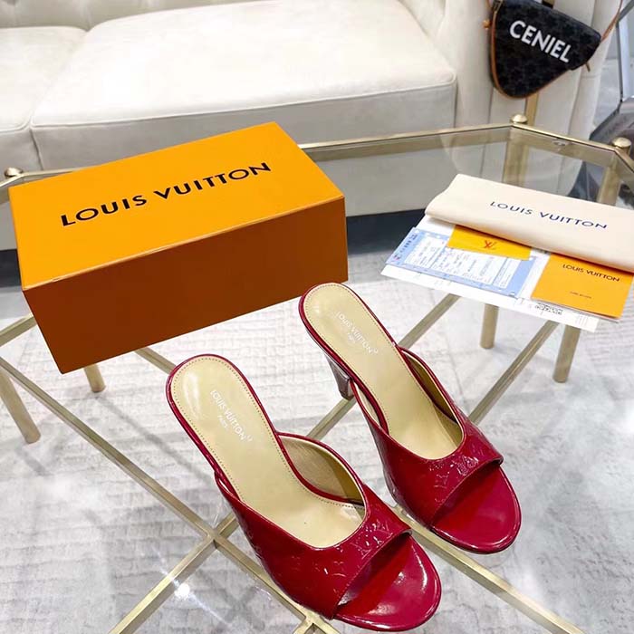 Louis Vuitton LV Women Super Mule Red Monogram-Debossed Patent Calf Leather 10 CM Heel