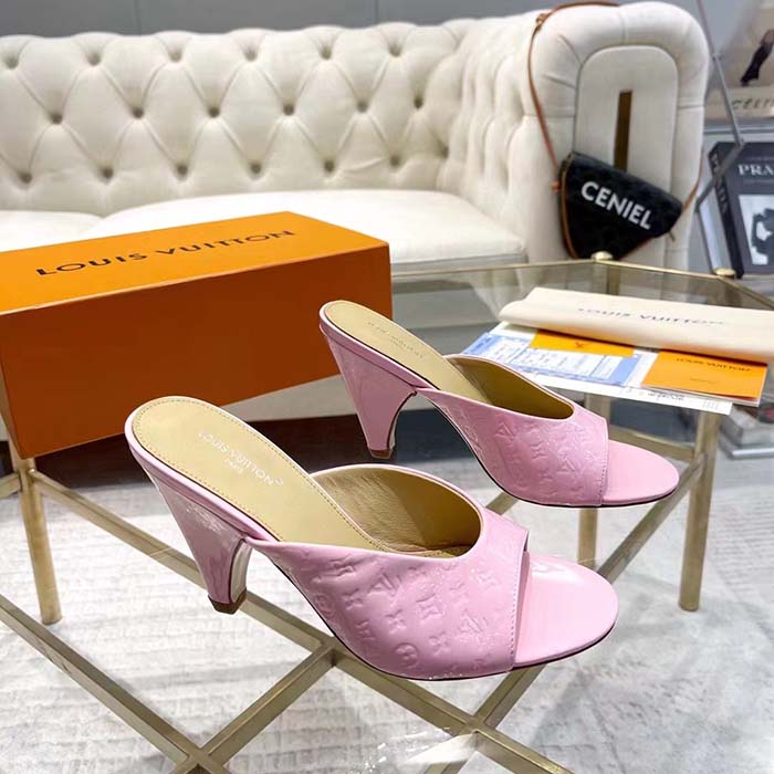 Louis Vuitton LV Women Super Mule Fuchsia Monogram-Debossed Patent Calf Leather 10 CM Heel