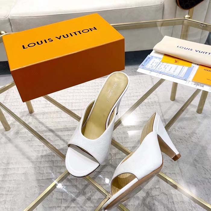 Louis Vuitton LV Women Super Mule White Monogram-Debossed Patent Calf Leather 10 CM Heel