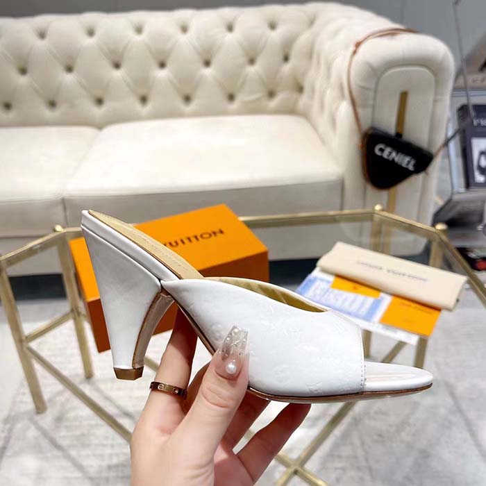 Louis Vuitton LV Women Super Mule White Monogram-Debossed Patent Calf Leather 10 CM Heel