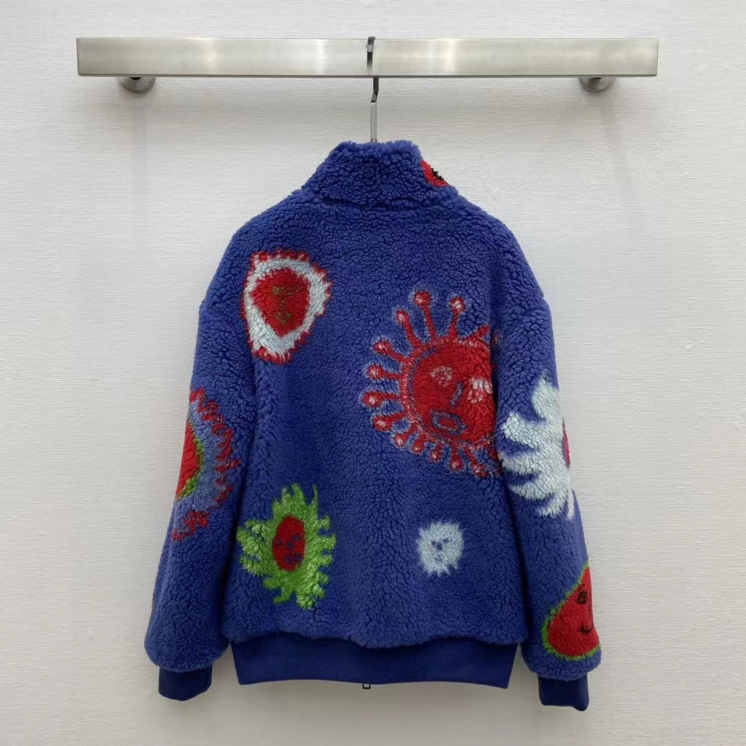 Louis Vuitton Men LV x YK Faces Zipped Fleece Blouson Polyester Blue Multicolor Regular Fit