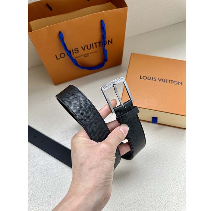 Louis Vuitton Unisex LV Pont Neuf 35 MM Belt Black Taiga Calf Leather Lining