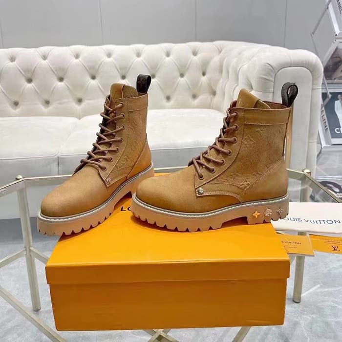 Louis Vuitton Unisex LV Ranger Ankle Boot Beige Nubuck Calf Leather Monogram Denim