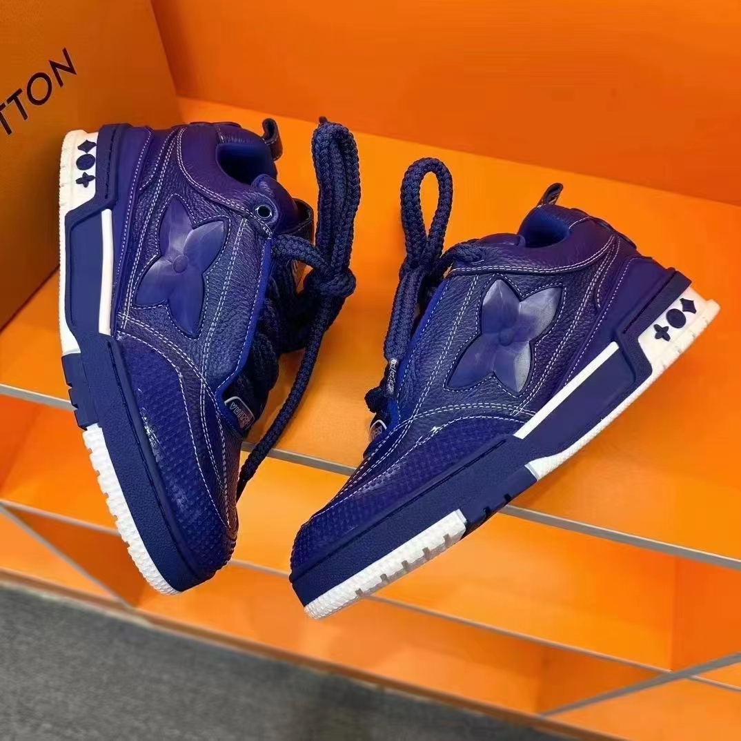 Louis Vuitton Unisex LV Skate Sneaker Blue Grained Calf Leather Double Laces Rubber Outsole