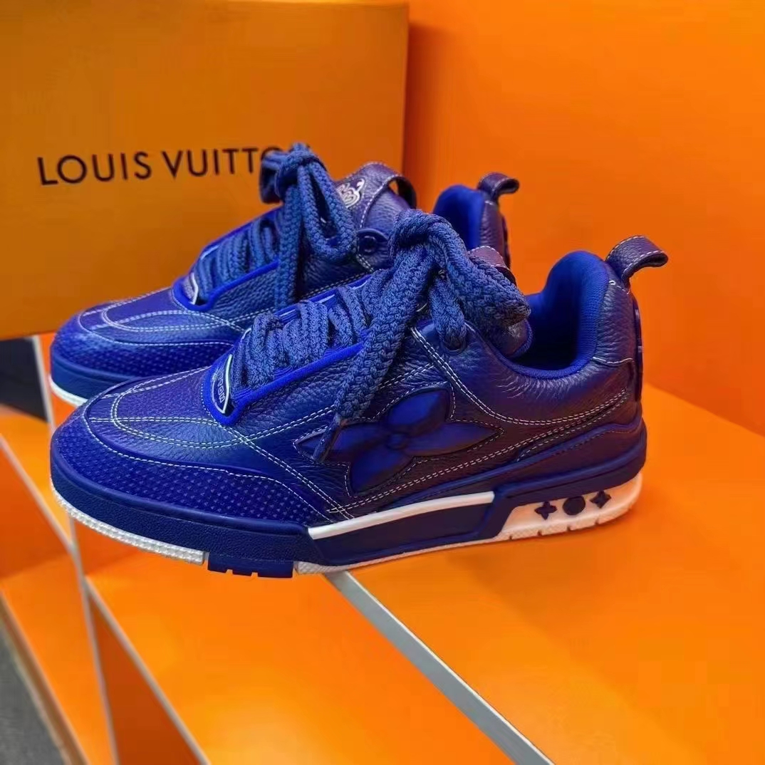 Louis Vuitton Unisex LV Skate Sneaker Blue Grained Calf Leather Double Laces Rubber Outsole