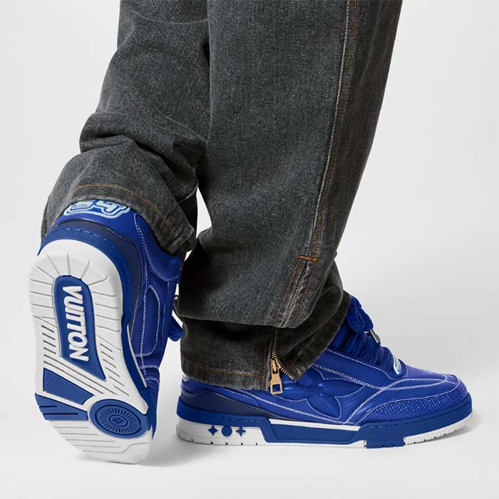 Louis Vuitton Unisex LV Skate Sneaker Blue Grained Calf Leather Double Laces Rubber Outsole