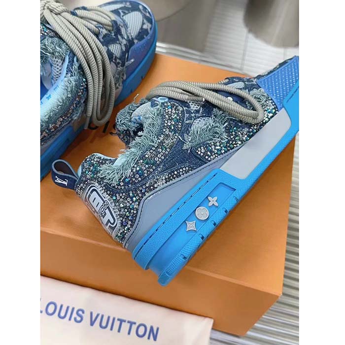 Louis Vuitton Unisex LV Skate Sneaker Blue Swarovski Crystals Monogram Denim Double Laces Rubber