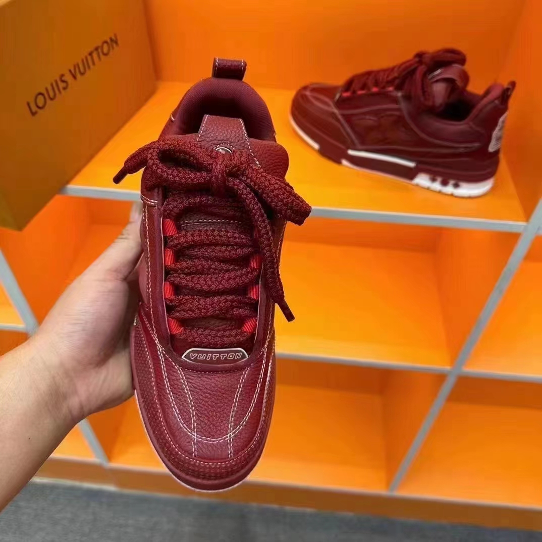Louis Vuitton Unisex LV Skate Sneaker Bordeaux Red Grained Calf Leather Double Laces Rubber Outsole