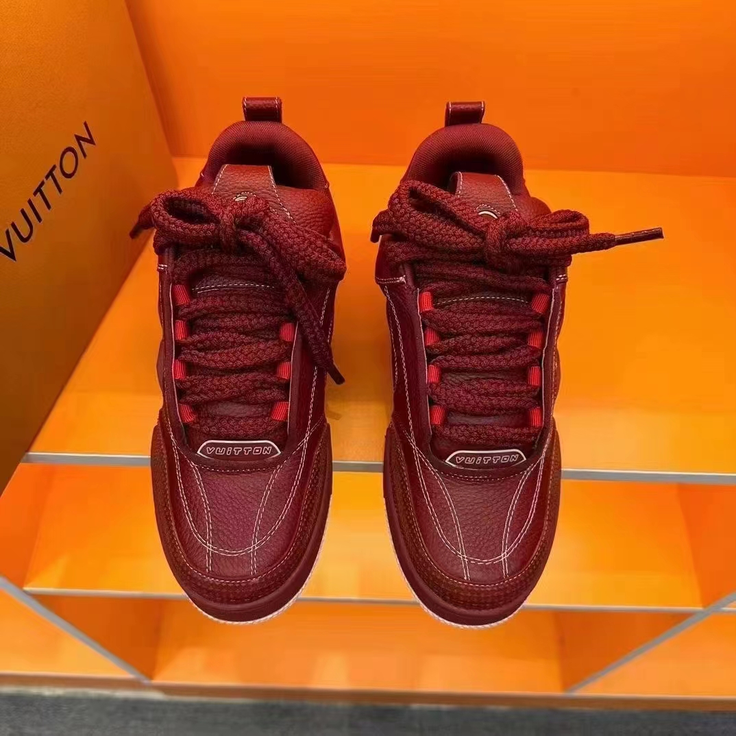 Louis Vuitton Unisex LV Skate Sneaker Bordeaux Red Grained Calf Leather Double Laces Rubber Outsole