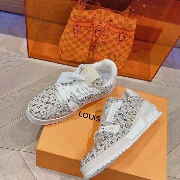 Louis Vuitton Unisex LV Trainer Sneaker Beige Monogram Textile Rubber Outsole Initials