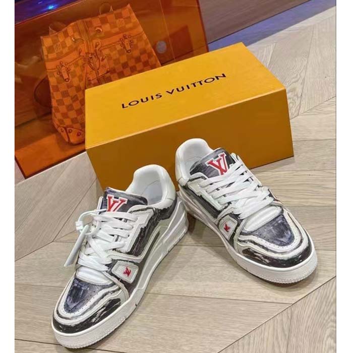 Louis Vuitton Unisex LV Trainer Sneaker Black Printed Calf Leather Rubber Outsole Initials