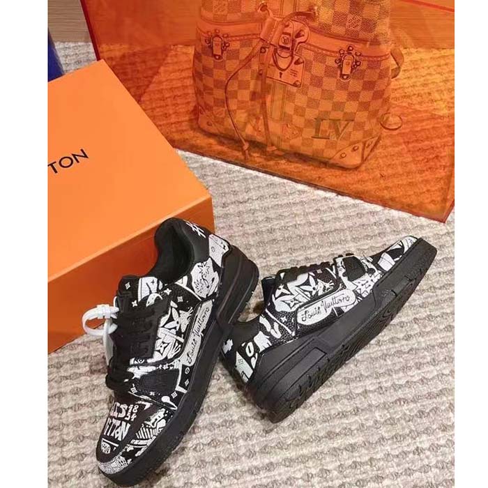 Louis Vuitton Unisex LV Trainer Sneaker Black Printed Canvas Rubber Outsole Monogram Flowers