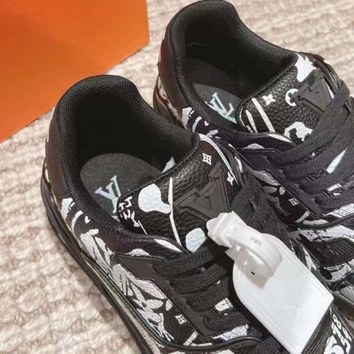 Louis Vuitton Unisex LV Trainer Sneaker Black Printed Canvas Rubber Outsole Monogram Flowers