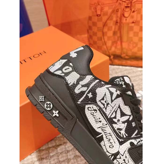 Louis Vuitton Unisex LV Trainer Sneaker Black Printed Canvas Rubber Outsole Monogram Flowers