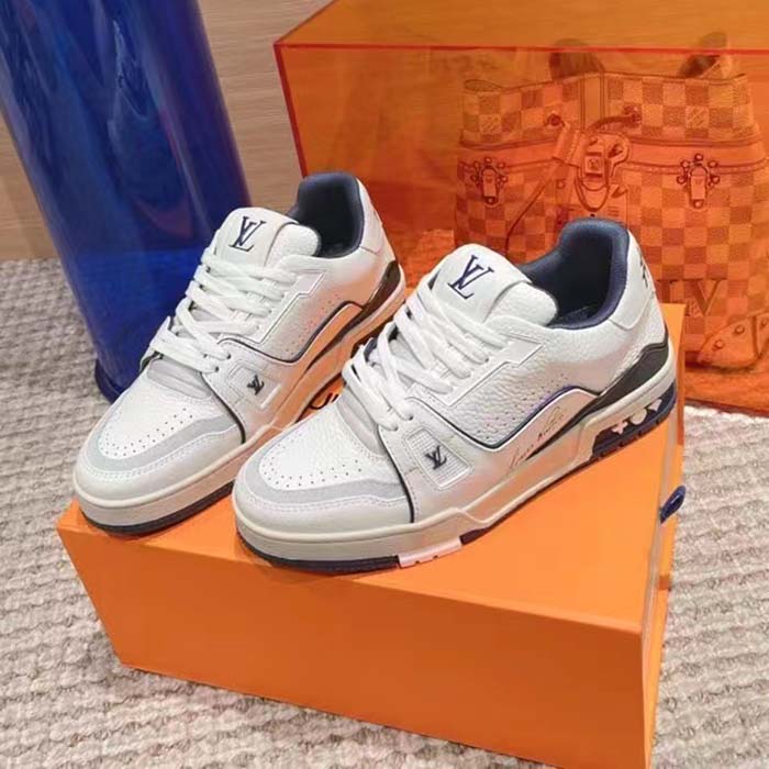 Louis Vuitton Unisex LV Trainer Sneaker Blue Grained Calf Leather Rubber Initials