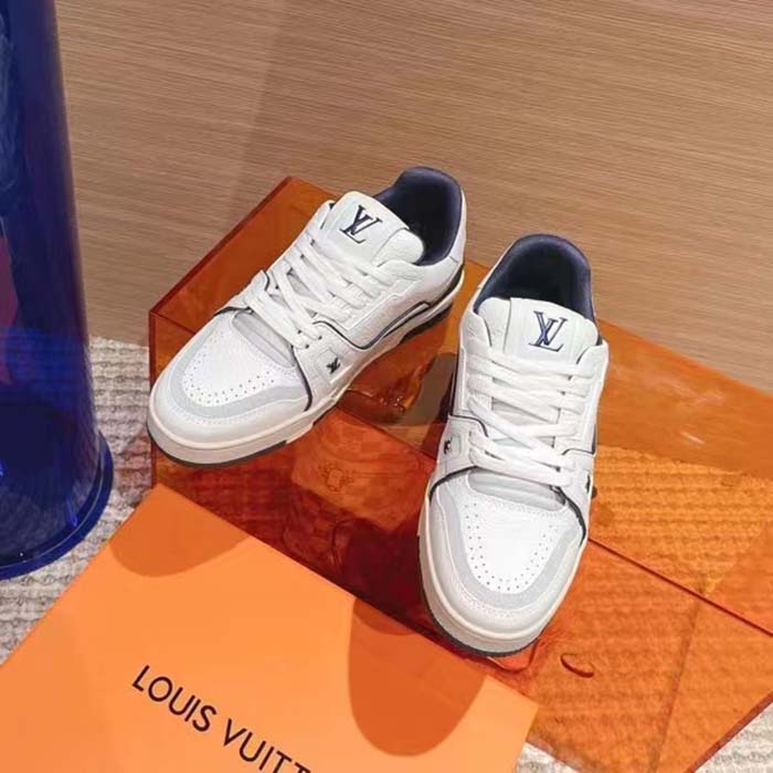 Louis Vuitton Unisex LV Trainer Sneaker Blue Grained Calf Leather Rubber Initials