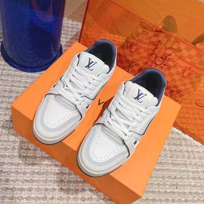 Louis Vuitton Unisex LV Trainer Sneaker Blue Grained Calf Leather Rubber Initials