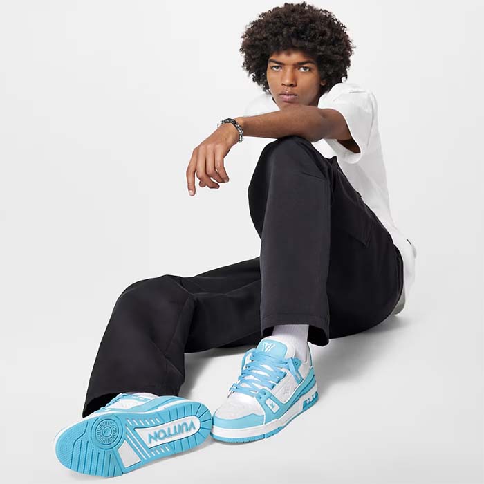 Louis Vuitton Unisex LV Trainer Sneaker Blue Mix Materials Rubber Initials Monogram Flowers