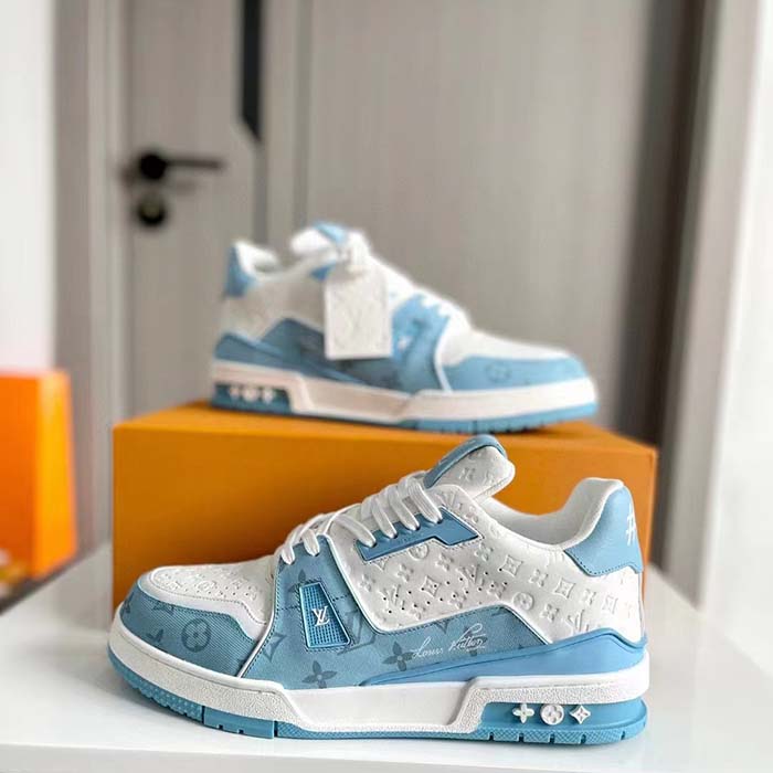 Louis Vuitton Unisex LV Trainer Sneaker Blue Mix Materials Rubber Initials Monogram Flowers