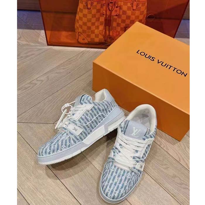 Louis Vuitton Unisex LV Trainer Sneaker Blue Monogram Textile Rubber Outsole Initials