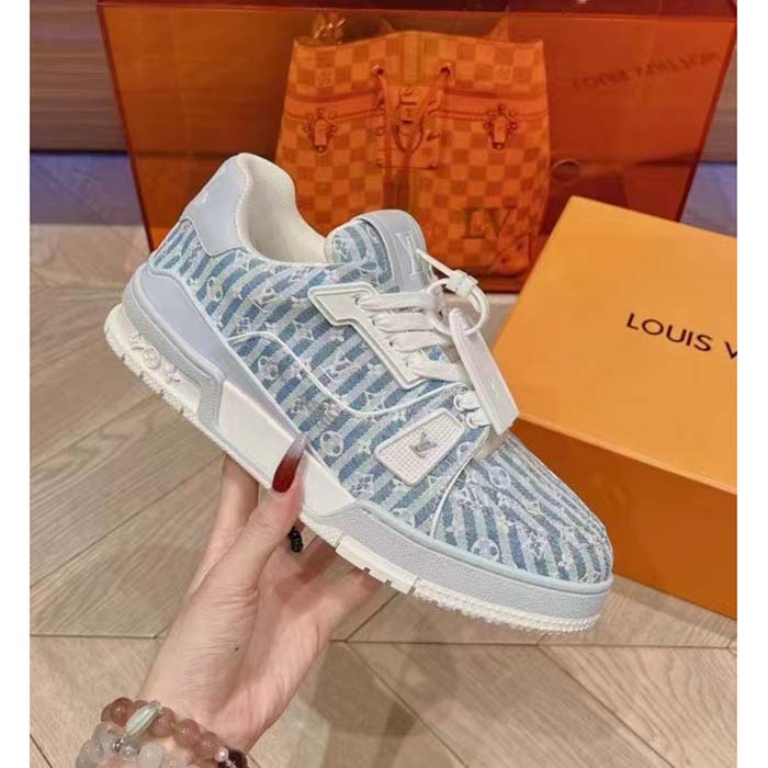 Louis Vuitton Unisex LV Trainer Sneaker Blue Monogram Textile Rubber Outsole Initials