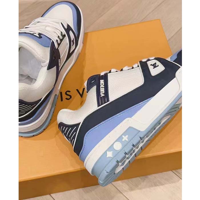 Louis Vuitton Unisex LV Trainer Sneaker Blue Nubuck Grained Calf Leather Rubber Initials
