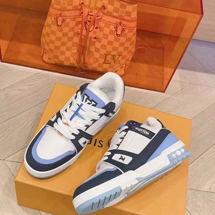 Louis Vuitton Unisex LV Trainer Sneaker Blue Nubuck Grained Calf Leather Rubber Initials