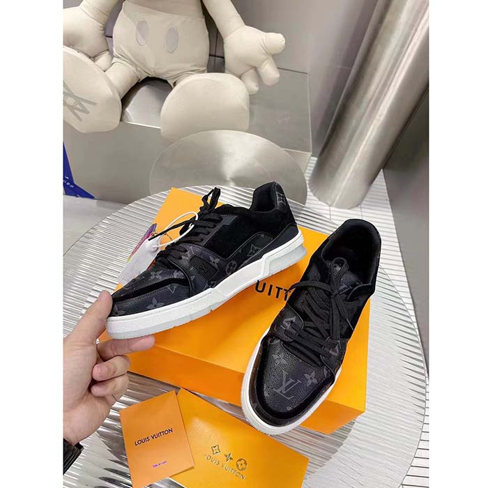 Louis Vuitton Unisex LV Trainer Sneaker Eclipse Monogram Canvas Rubber Outsole Initials Monogram Flowers