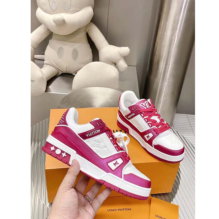 Louis Vuitton Unisex LV Trainer Sneaker Fuchsia Mix Materials Rubber Outsole Initials Monogram Flowers
