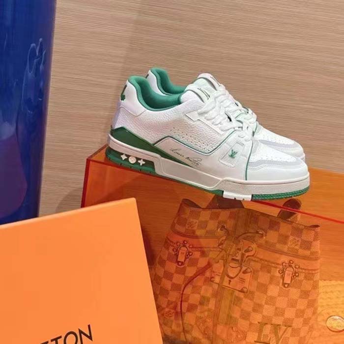 Louis Vuitton Unisex LV Trainer Sneaker Green Grained Calf Leather Rubber Initials