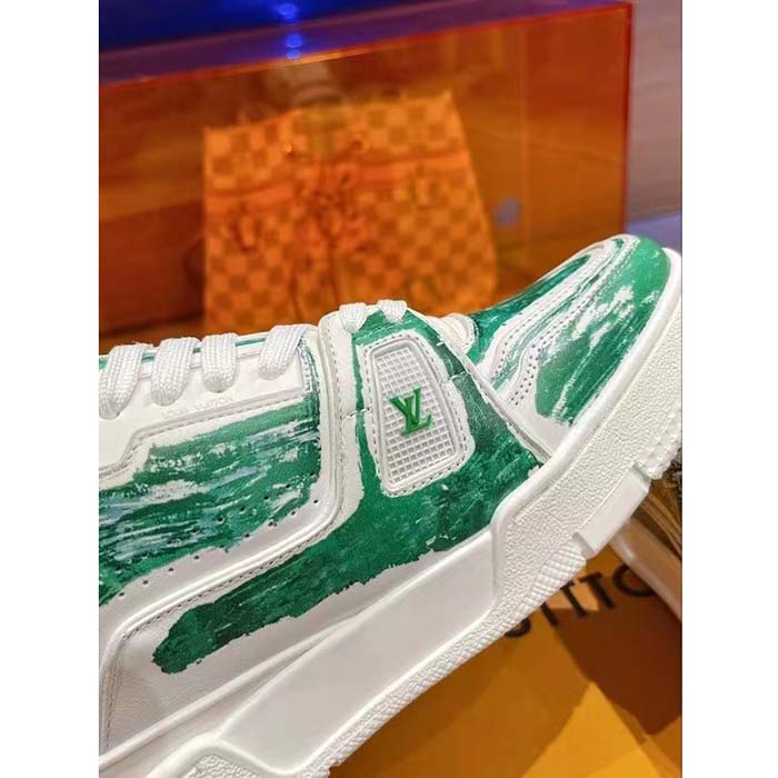 Louis Vuitton Unisex LV Trainer Sneaker Green Printed Calf Leather Rubber Outsole Initials