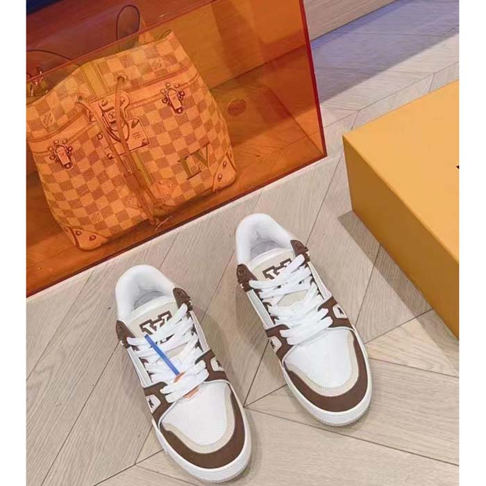 Louis Vuitton Unisex LV Trainer Sneaker Moka Brown Nubuck Grained Calf Leather Rubber Initials