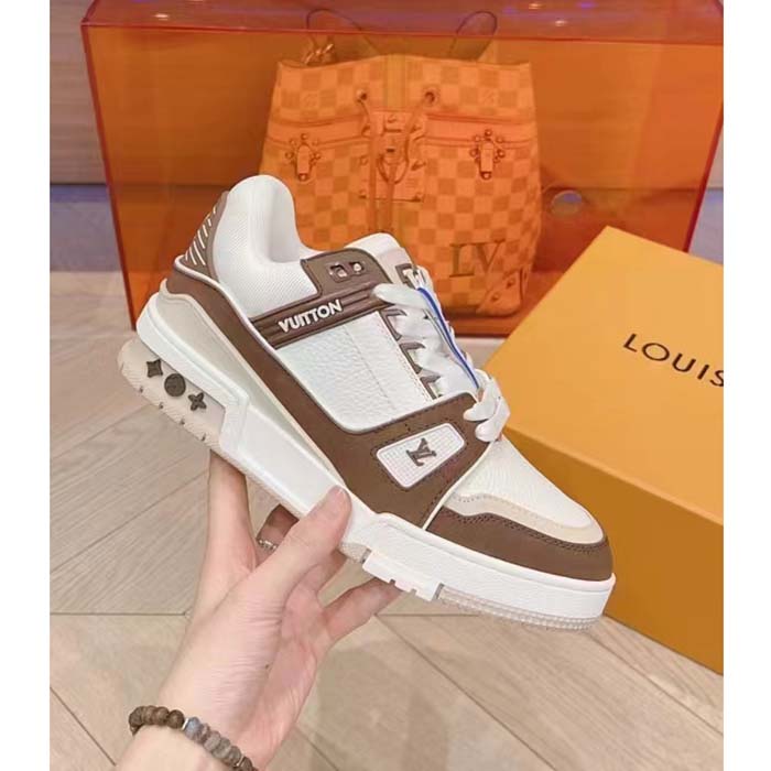 Louis Vuitton Unisex LV Trainer Sneaker Moka Brown Nubuck Grained Calf Leather Rubber Initials